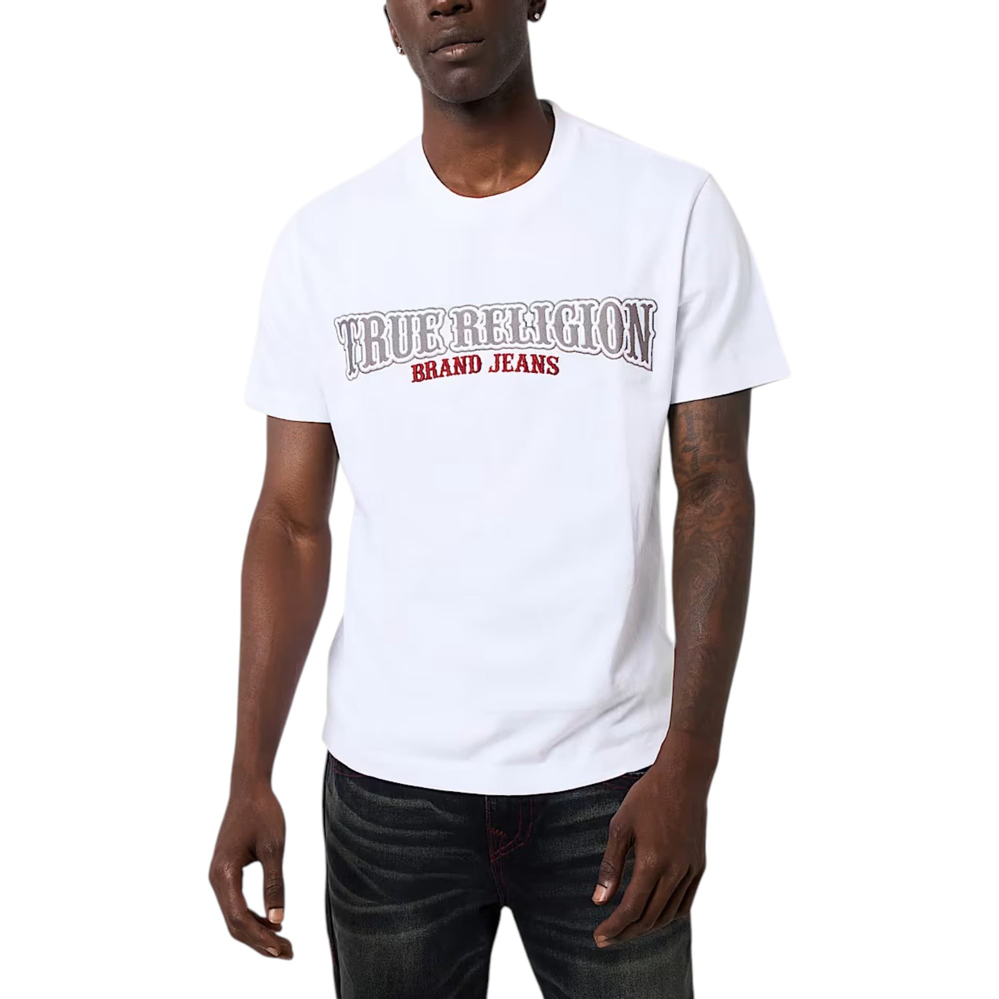 True Religion men's white cotton t-shirt with embroidered grey logo and red branded jeans patch on front