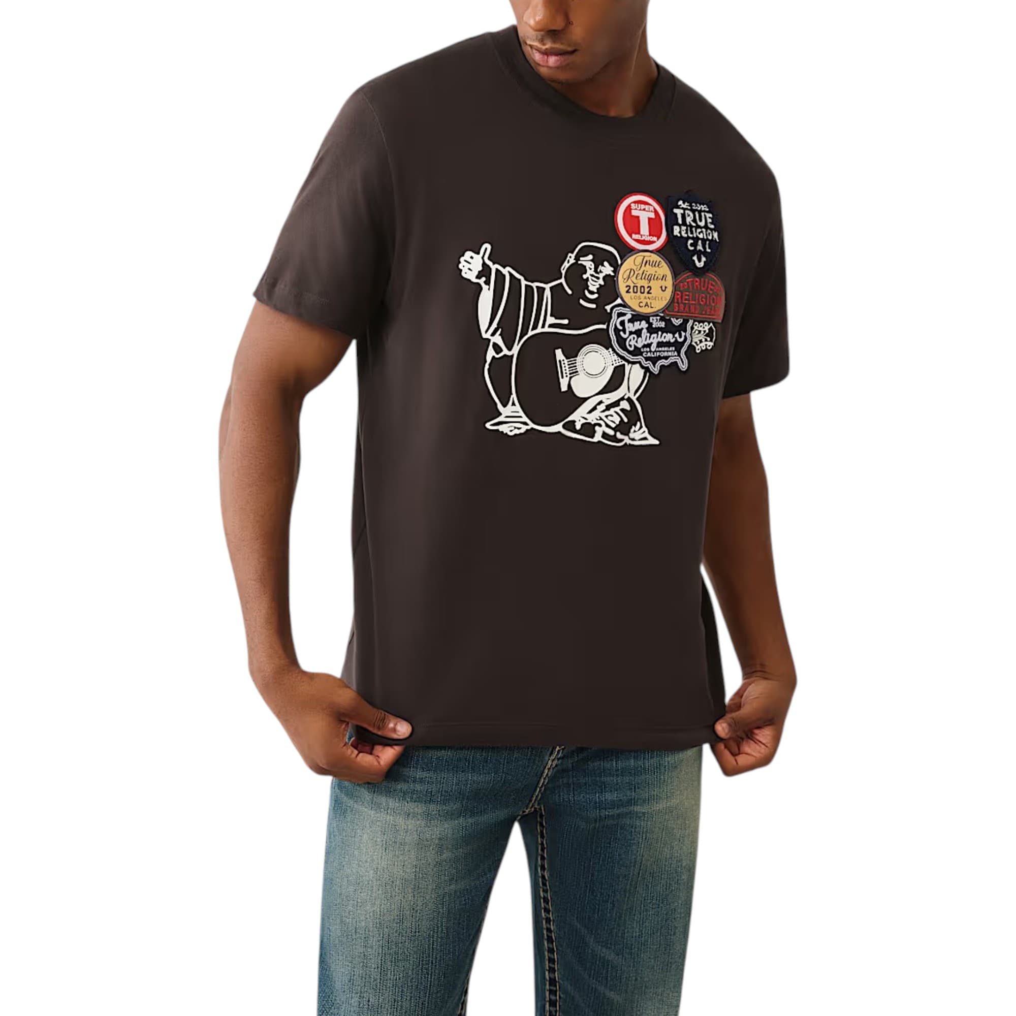 True Religion dark brown men's t-shirt with World Tour graphic, front view