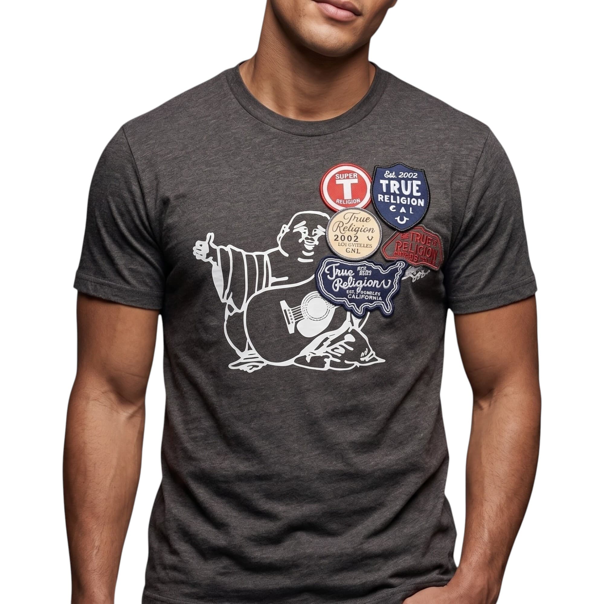 True Religion brown cotton t-shirt with World Tour graphic, front view