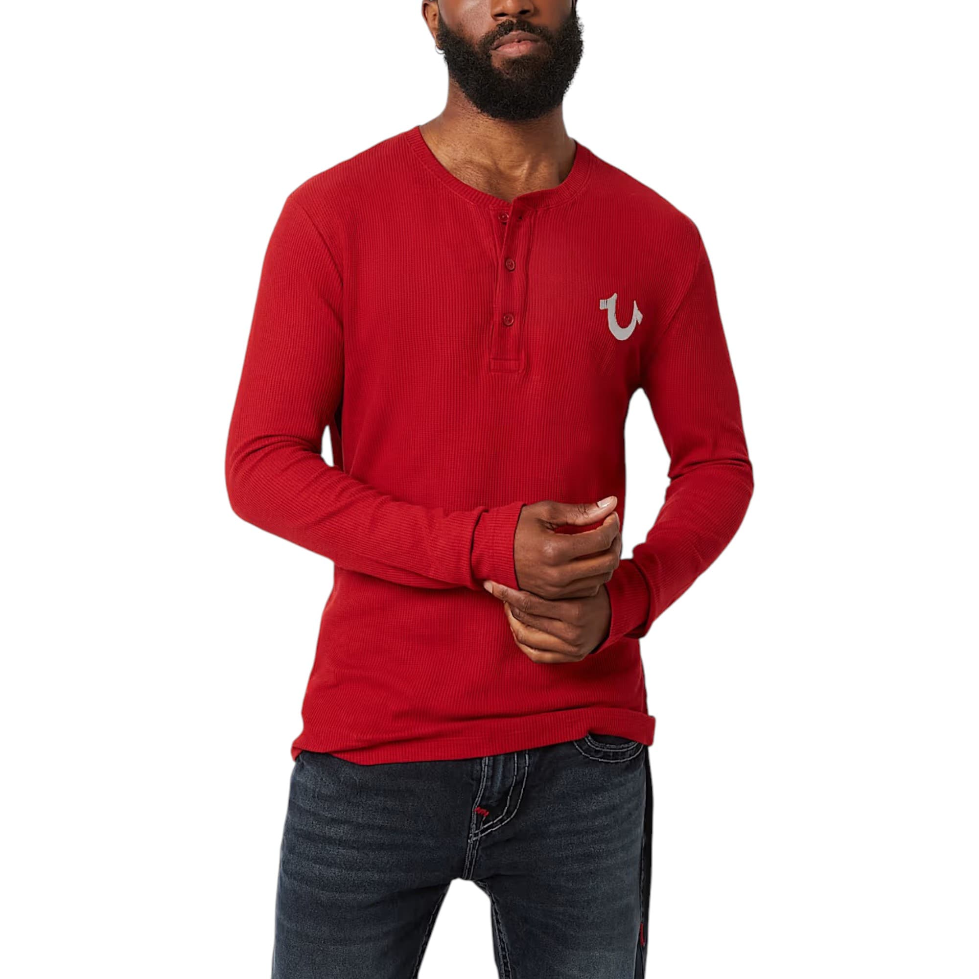 True Religion red cotton long-sleeve t-shirt front view with logo placket detail