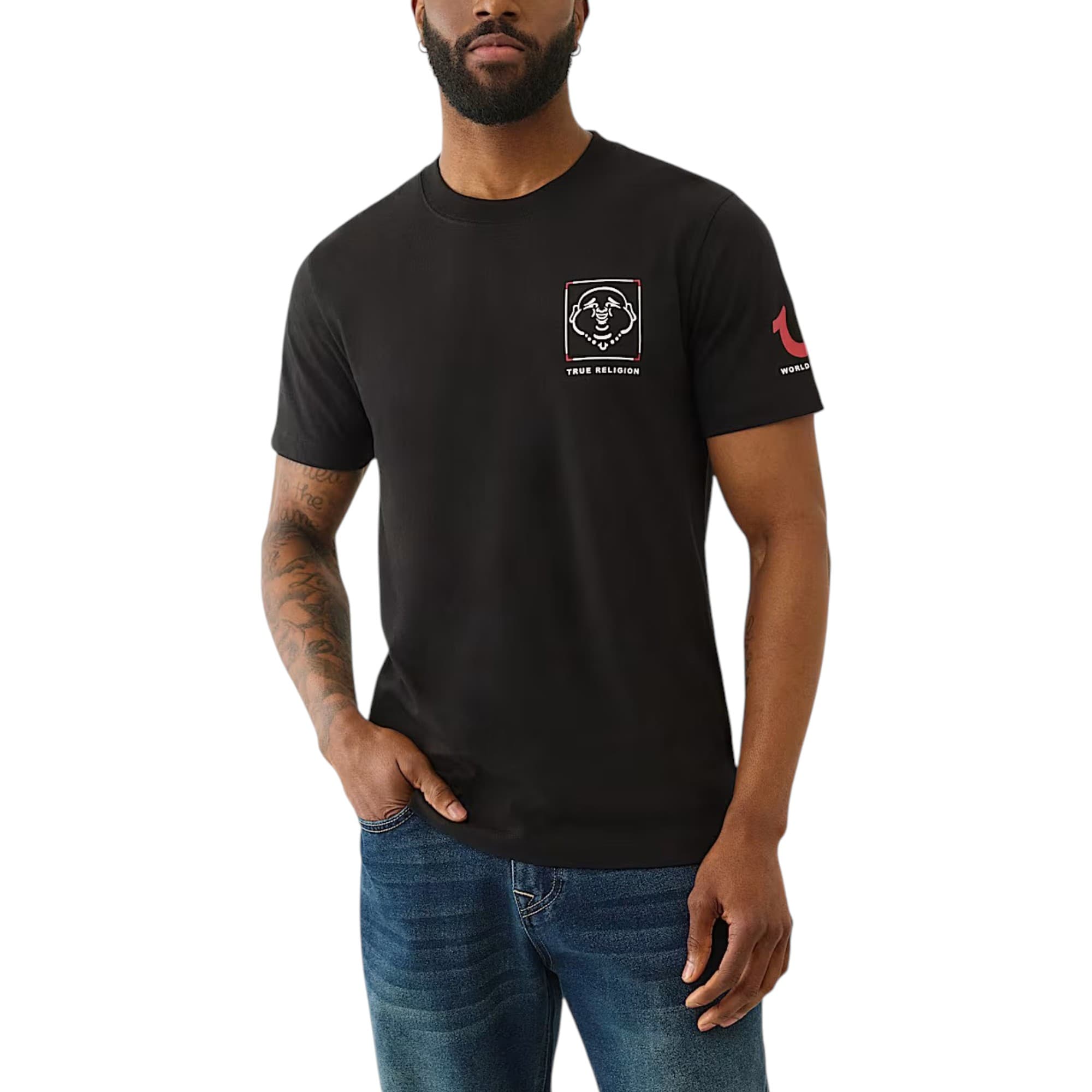 True Religion men's black t-shirt with Buddha chest print, front view