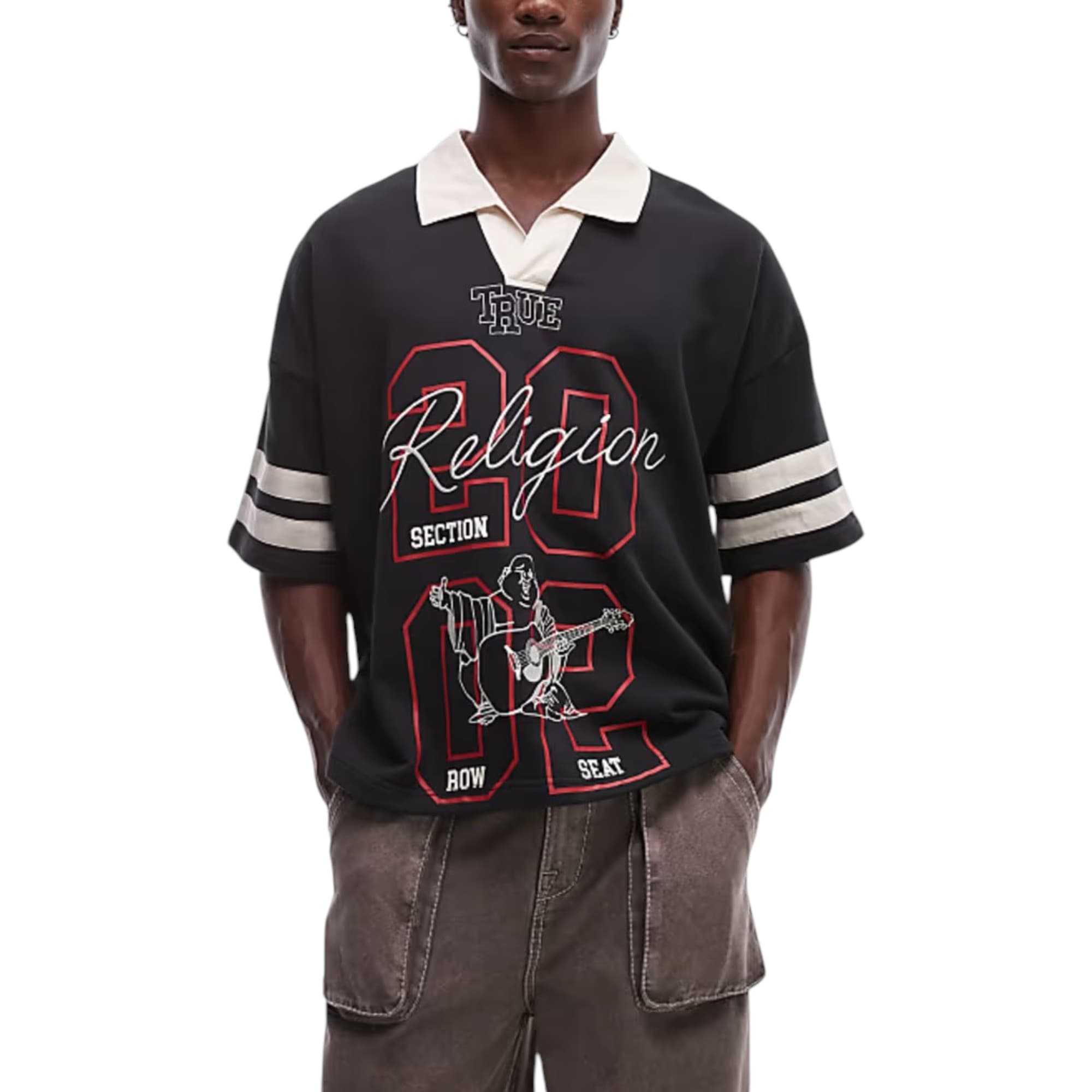 True Religion men's black oversized polo shirt with embroidered chest logo, front view