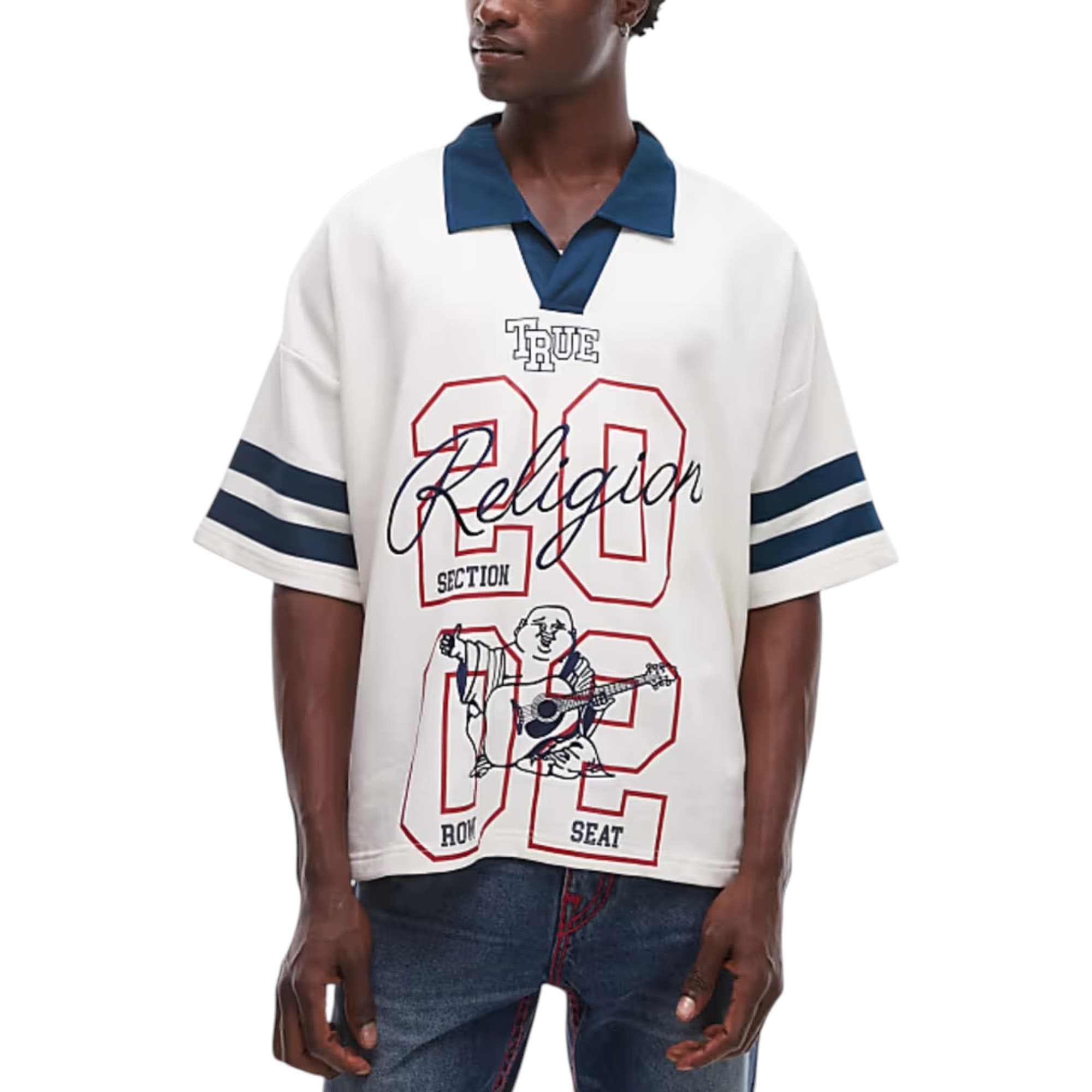 True Religion mens oversized white polo shirt front view with embroidered chest logo
