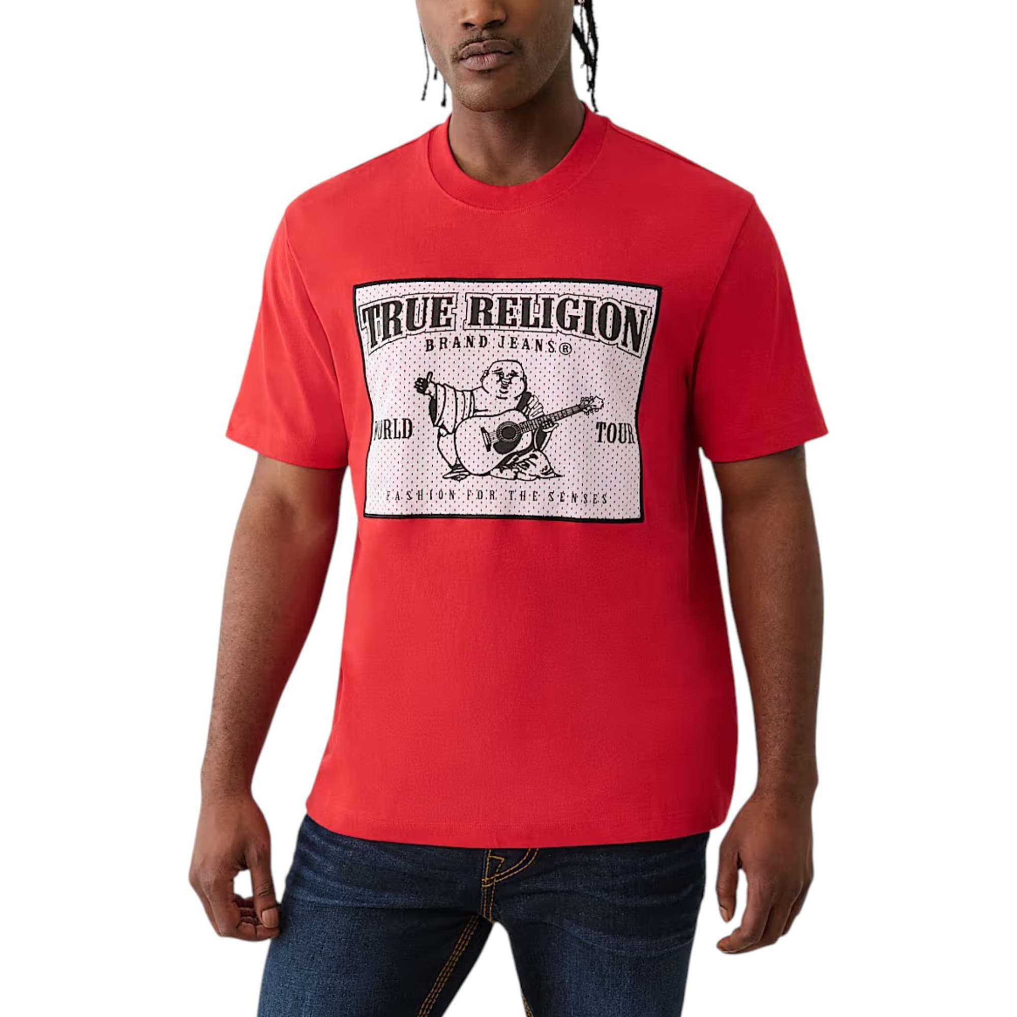 True Religion red cotton crew neck T-shirt with SRS logo front view