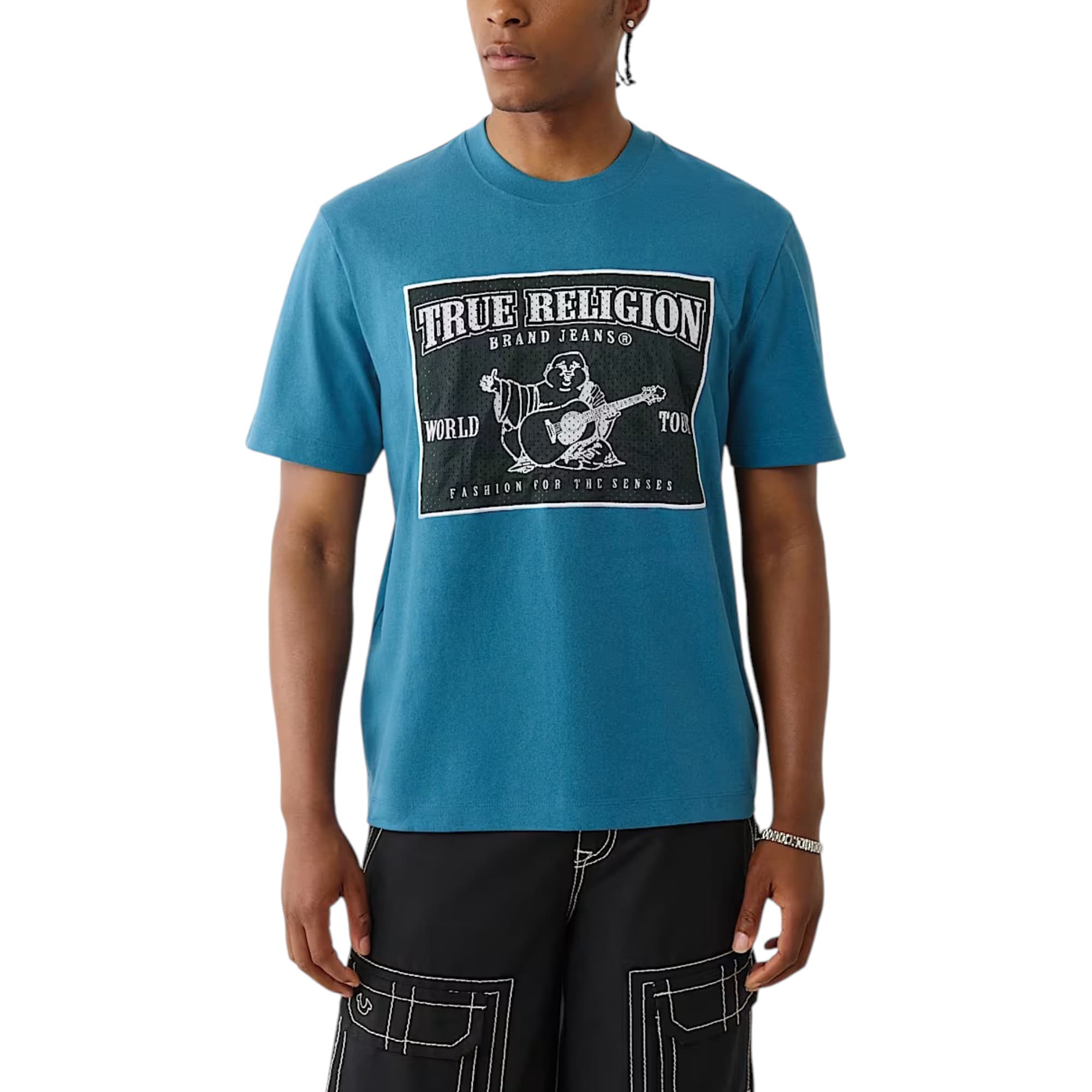 True Religion Mesh SRS Graphic crew neck t-shirt in Teal Blue, front view