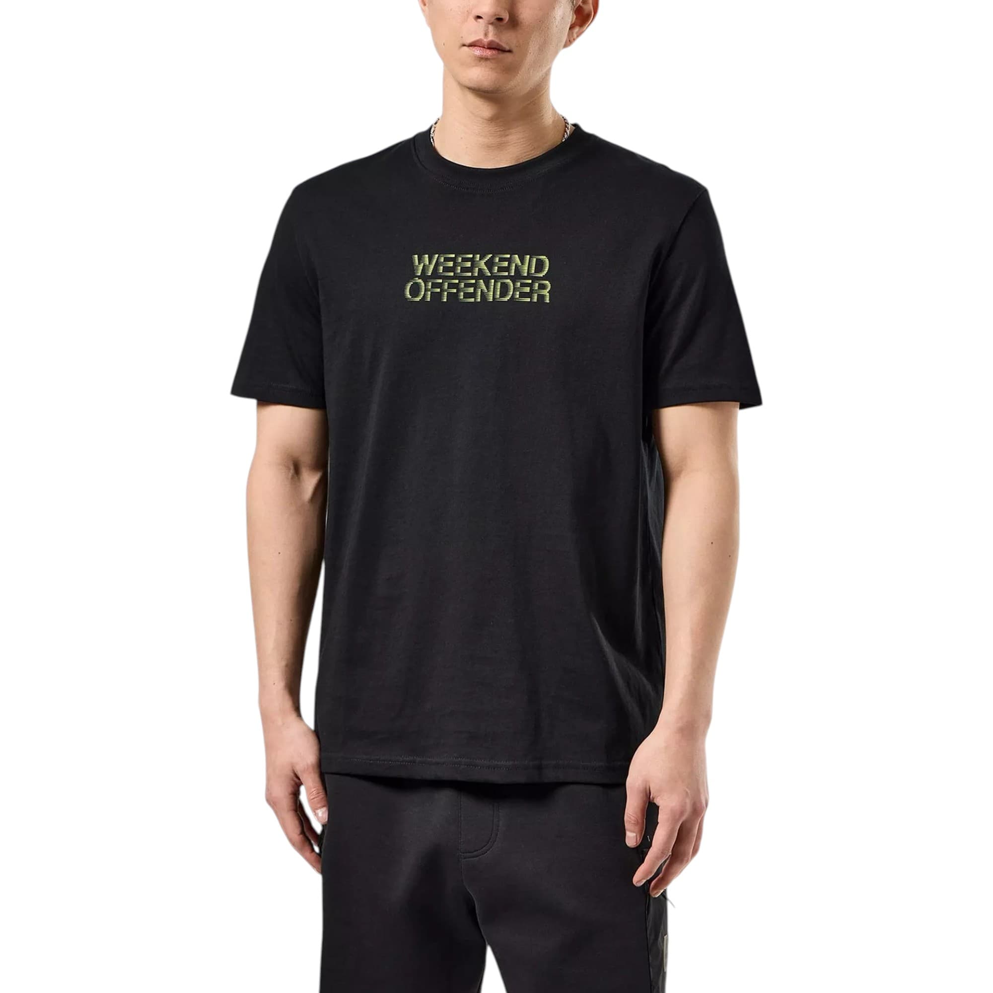 Weekend Offender Bucci men's black cotton t-shirt with large chest graphic print, front view