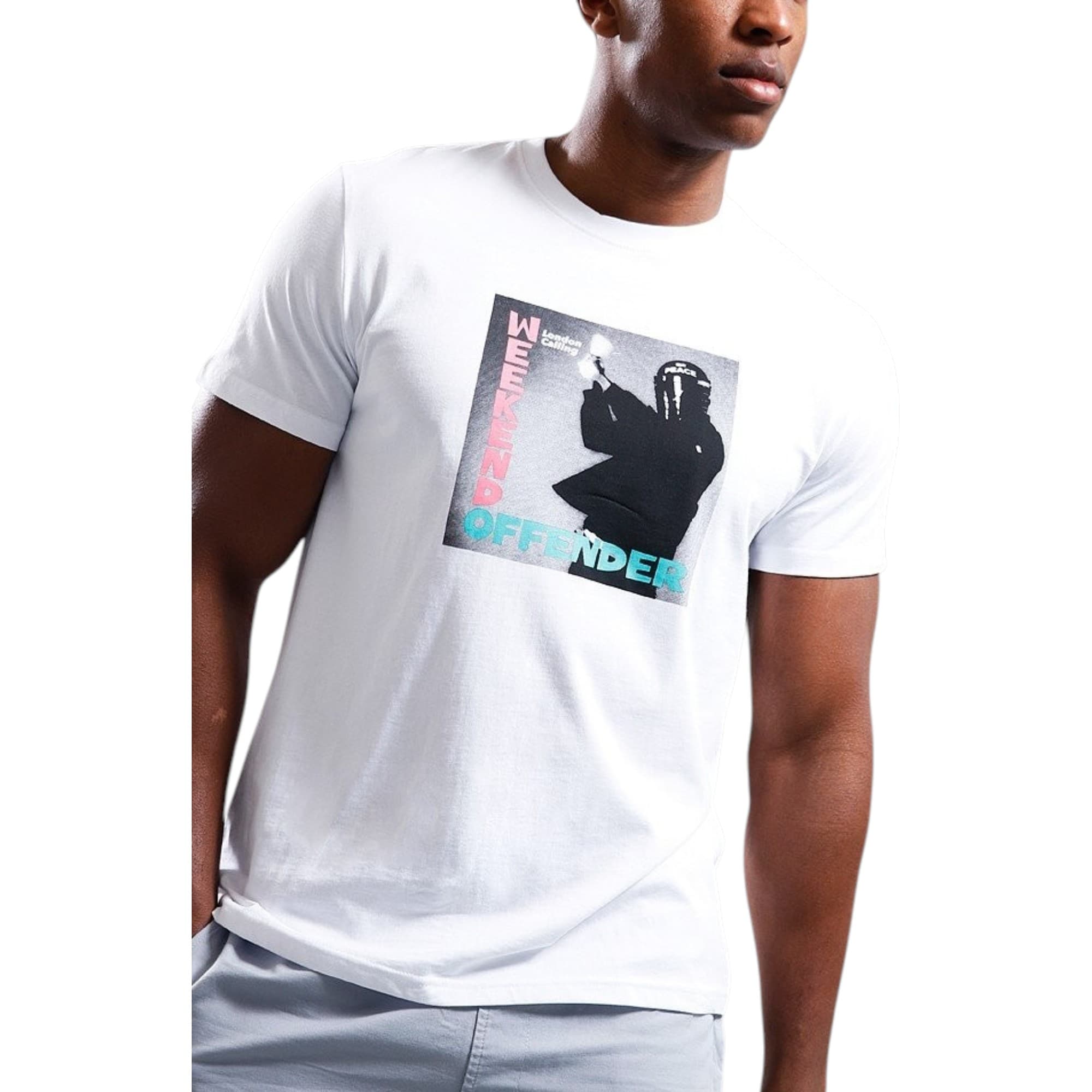 Weekend Offender London Calling men's white graphic T-shirt front view