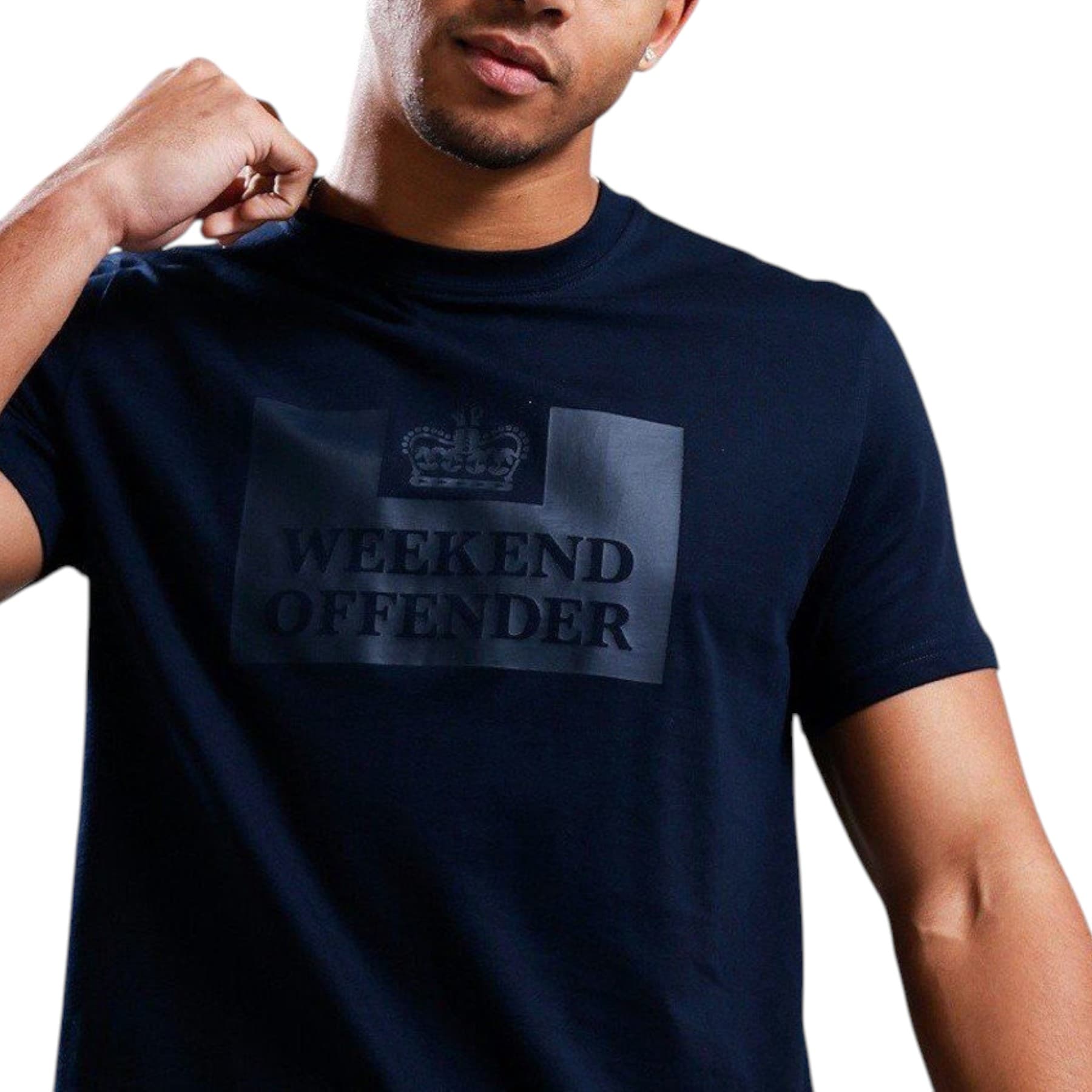 Weekend Offender McMoney navy men's t-shirt front view with large prison logo