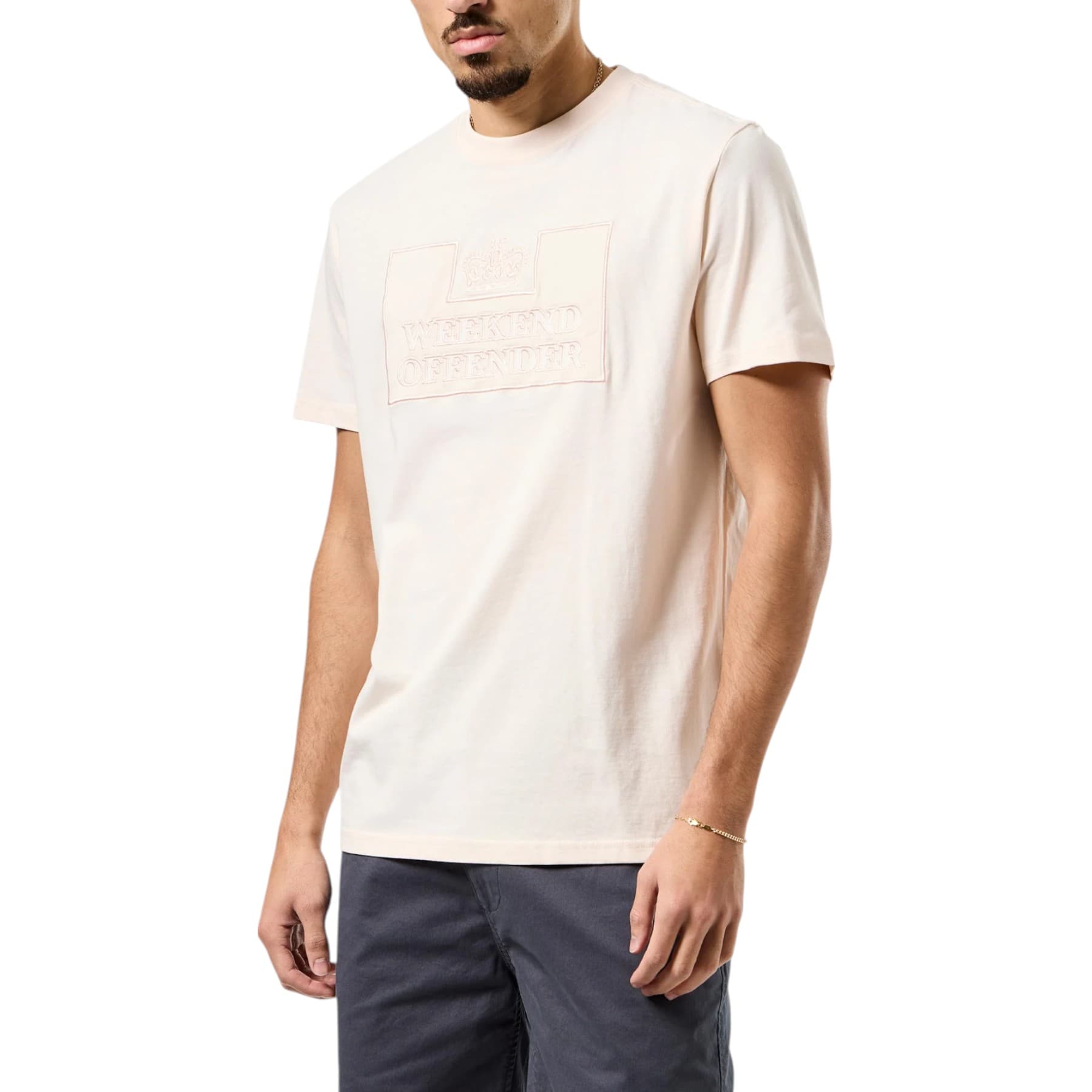 Weekend Offender Astoria light cotton graphic t-shirt with prison logo applique, front view