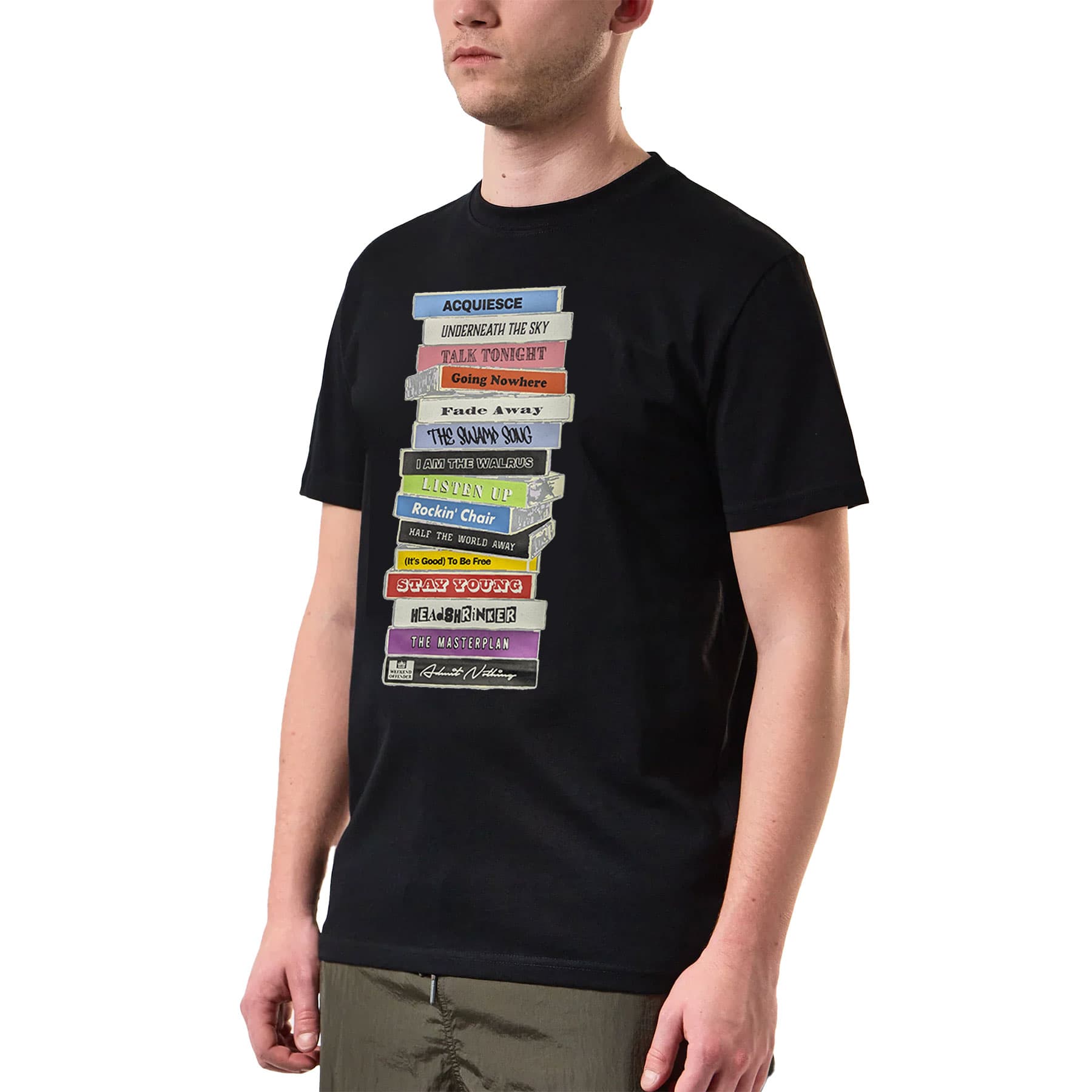 Weekend Offender Cassettes Graphic black men's T-shirt, front view with cassette album artwork chest print