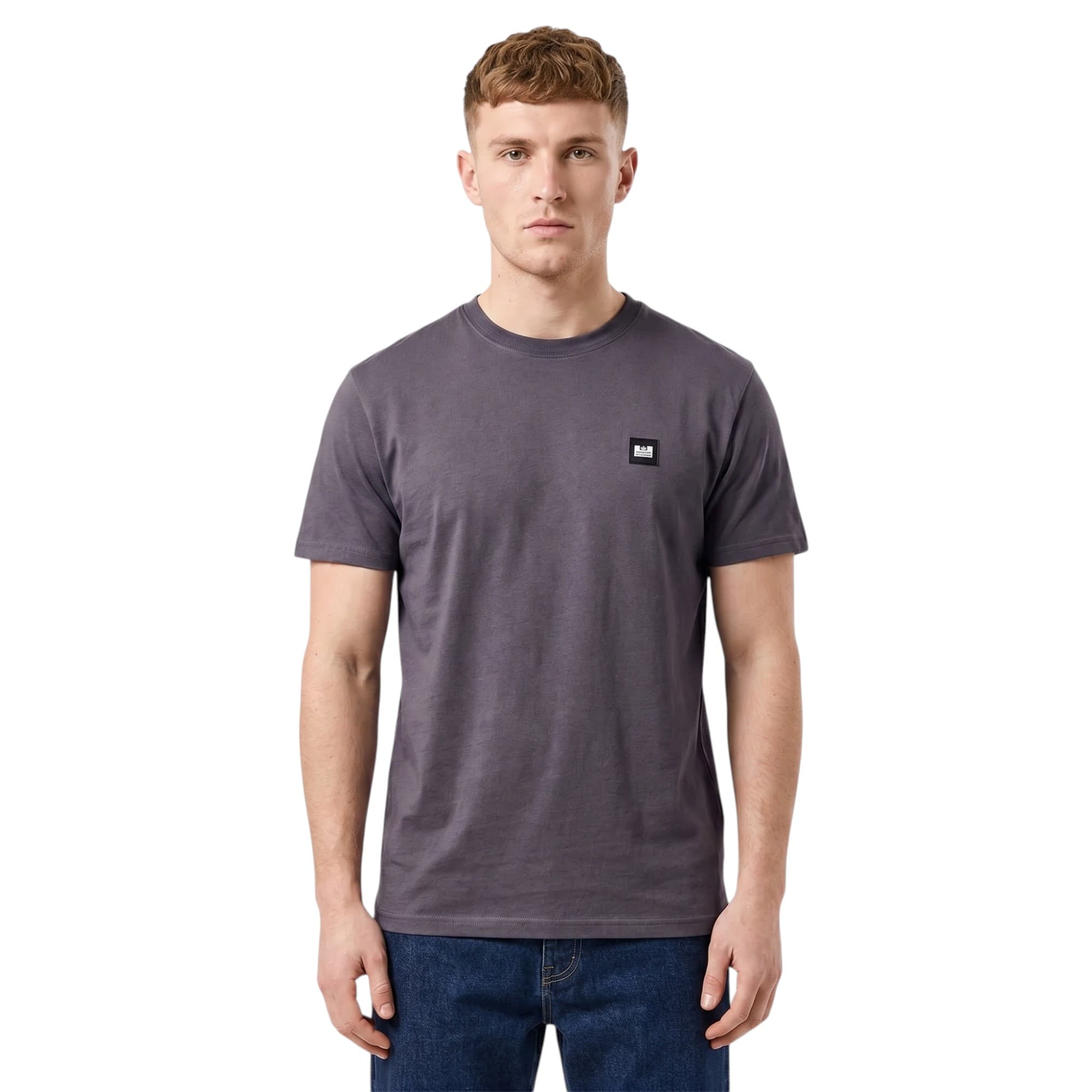 Weekend Offender mauve cotton t-shirt with chest WO badge, front view