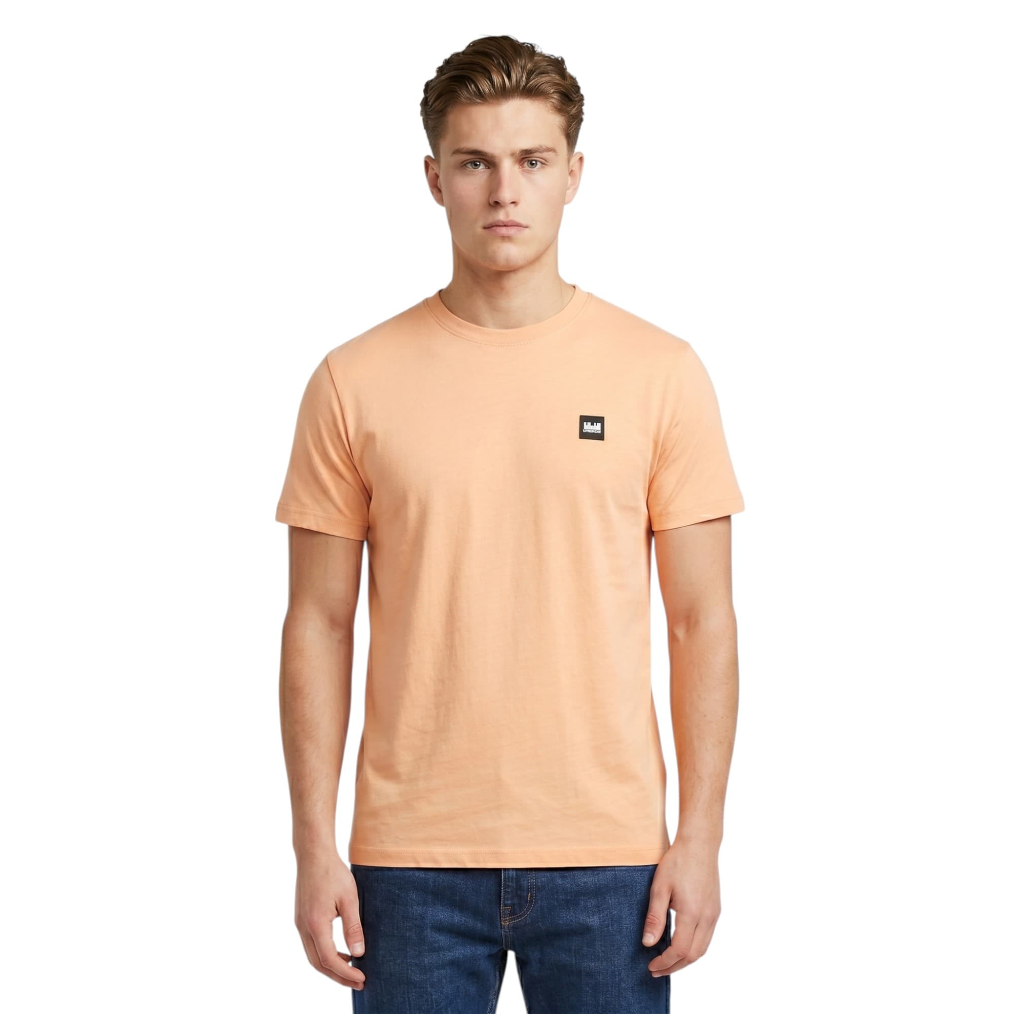 Weekend Offender Cannon Beach mens t-shirt in peach with crew neck and chest badge