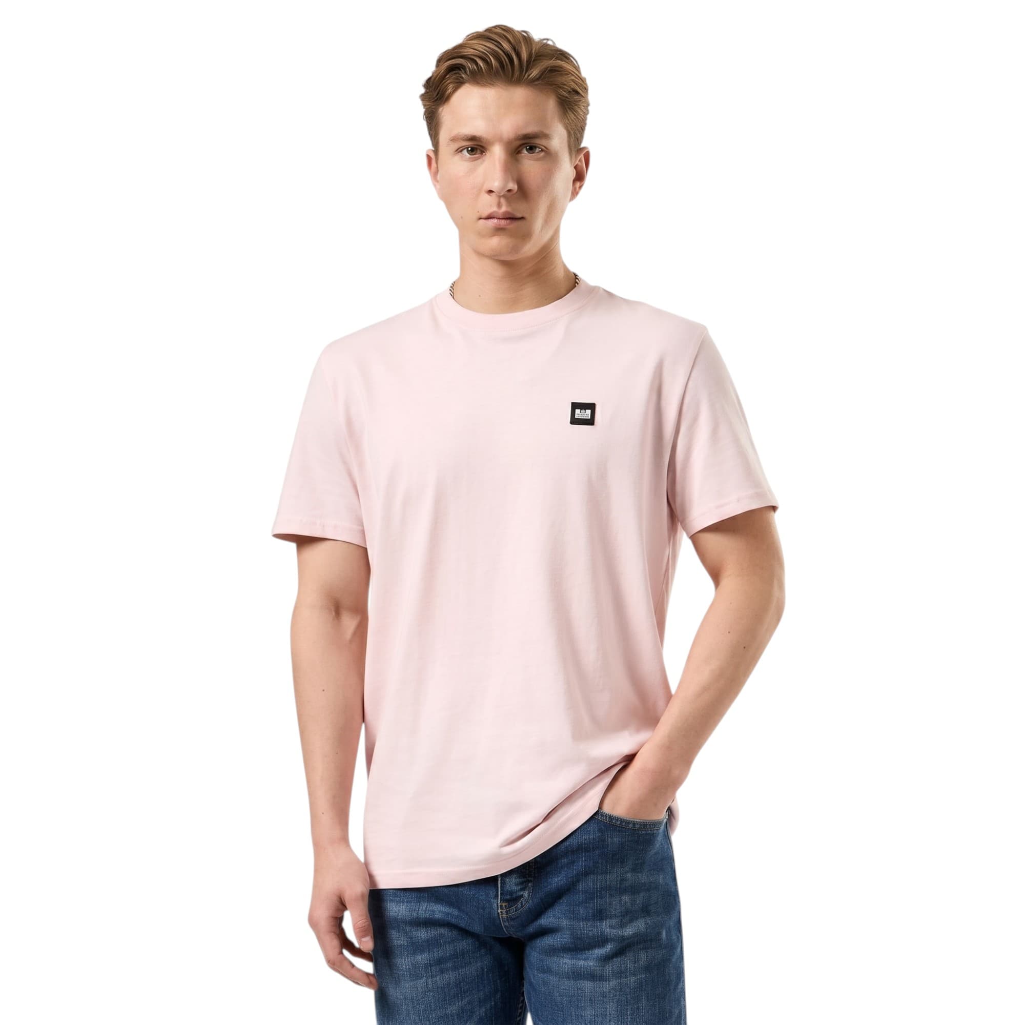 Weekend Offender pink cotton t-shirt front view with WO chest badge