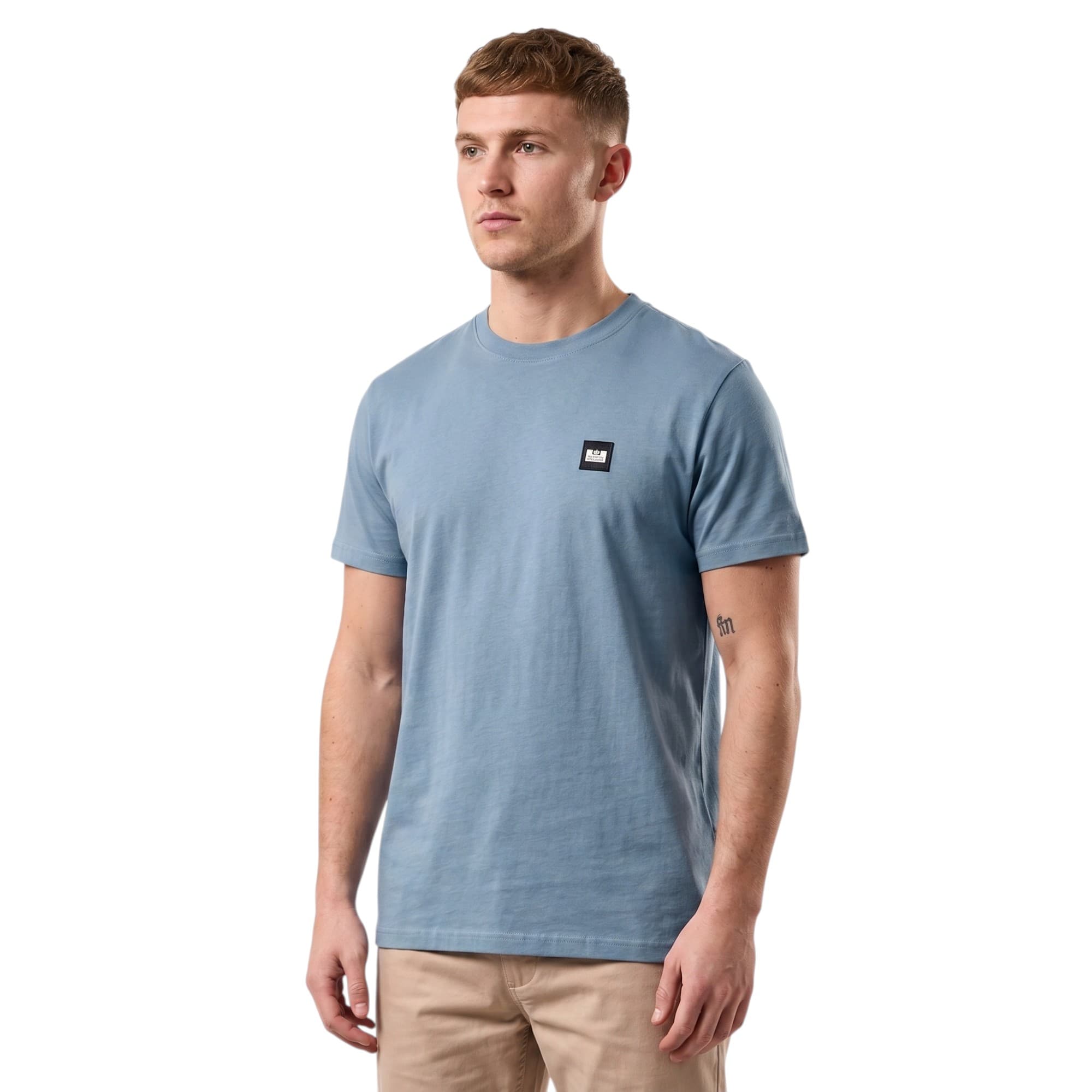 Weekend Offender Cannon Beach mens t-shirt in slate blue, front view with chest badge