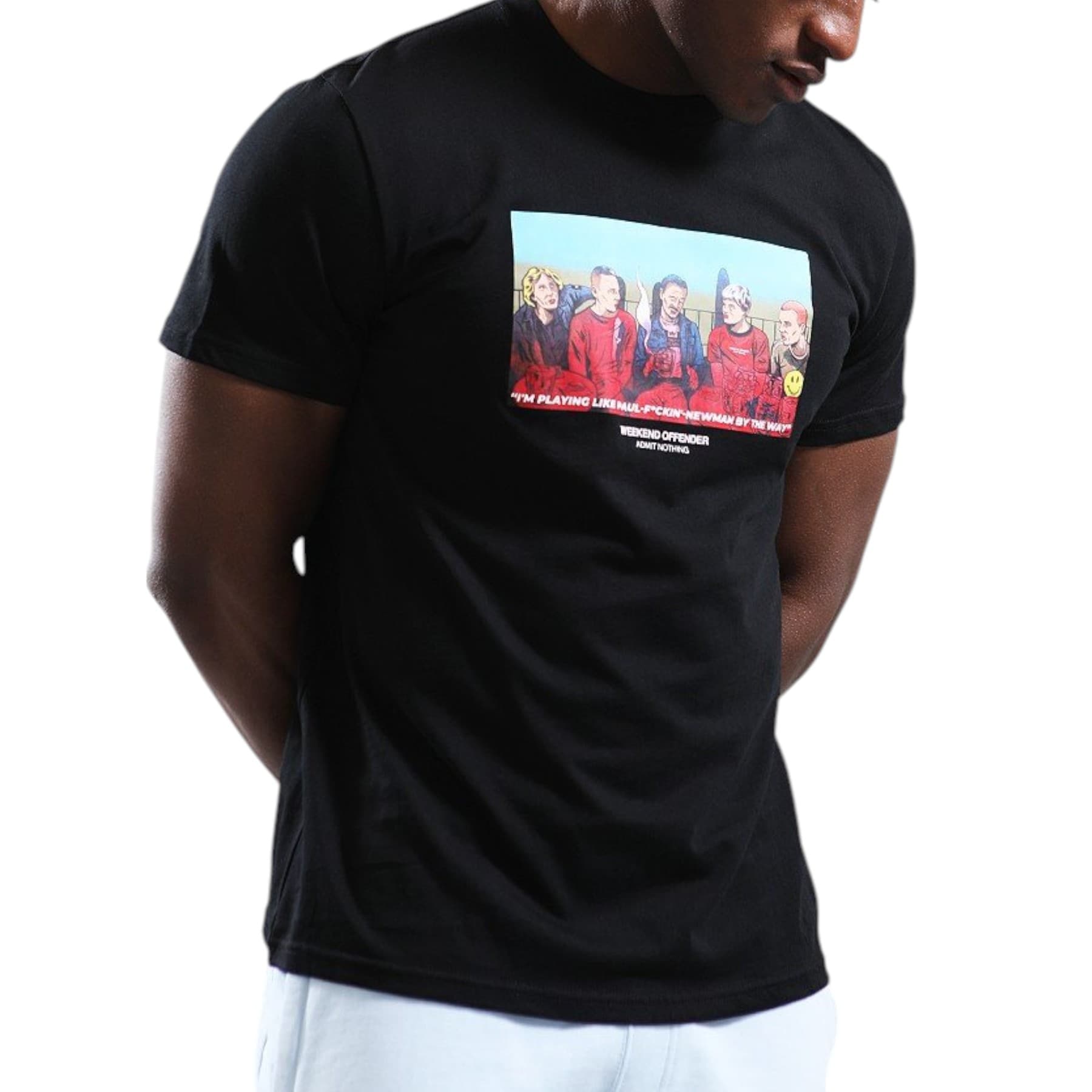Weekend Offender black Crosslands t-shirt with large Trainspotting Begbie bar scene front graphic print