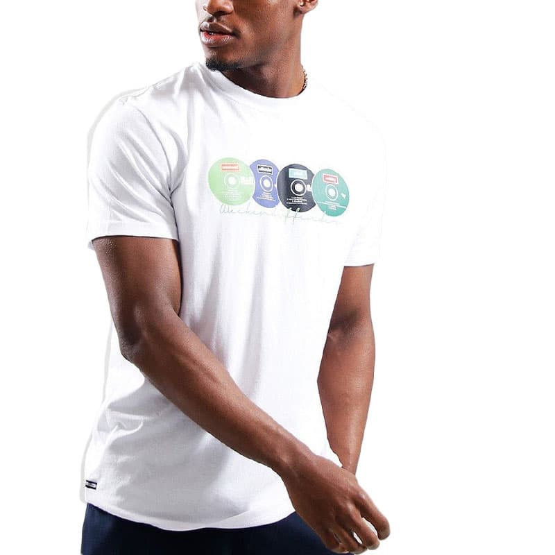 Weekend Offender Definitely Maybe Disks white cotton men's T-shirt front view