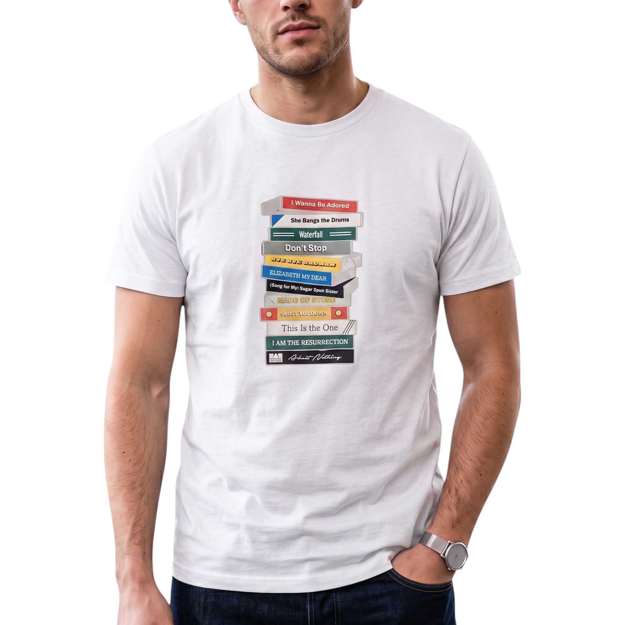 Weekend Offender Limone Graphic white men's t-shirt with cassette tape chest print, front view