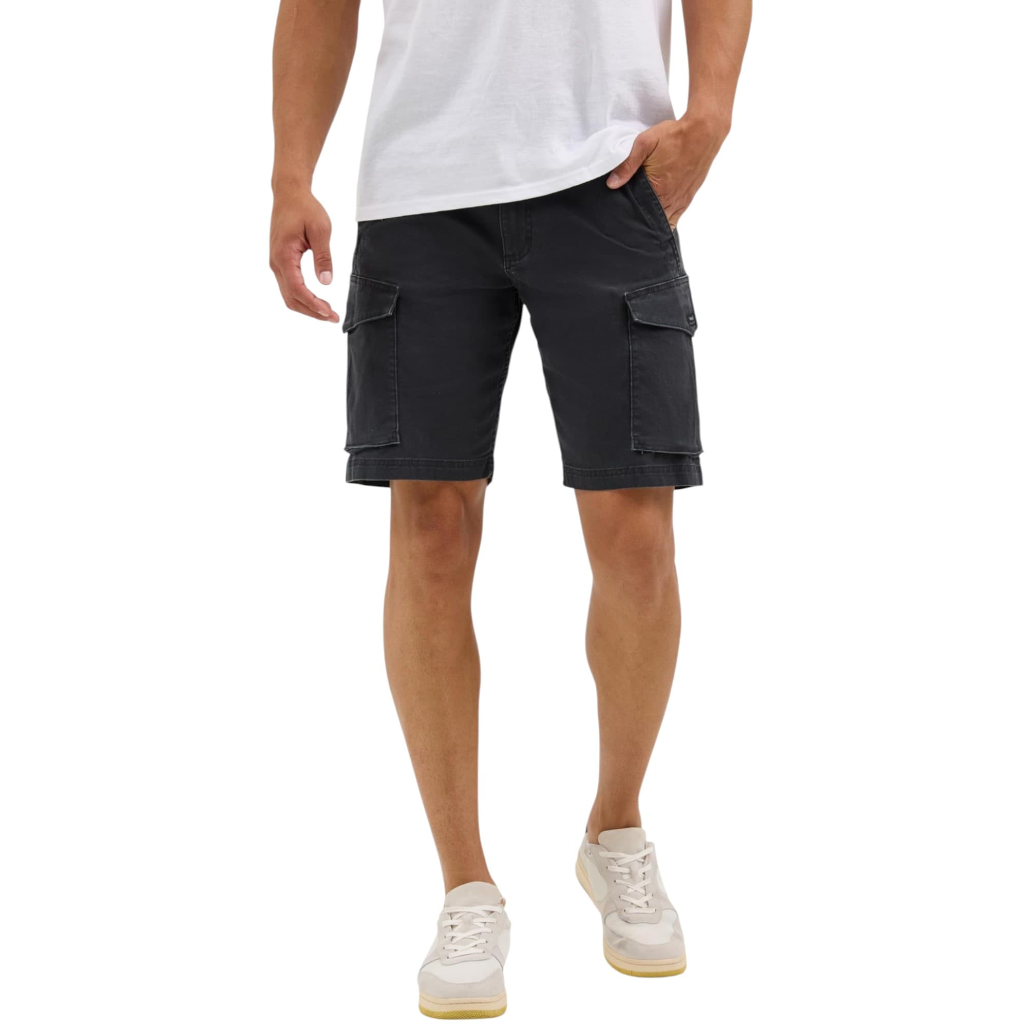 Wrangler men's black cargo shorts front view with tech pockets