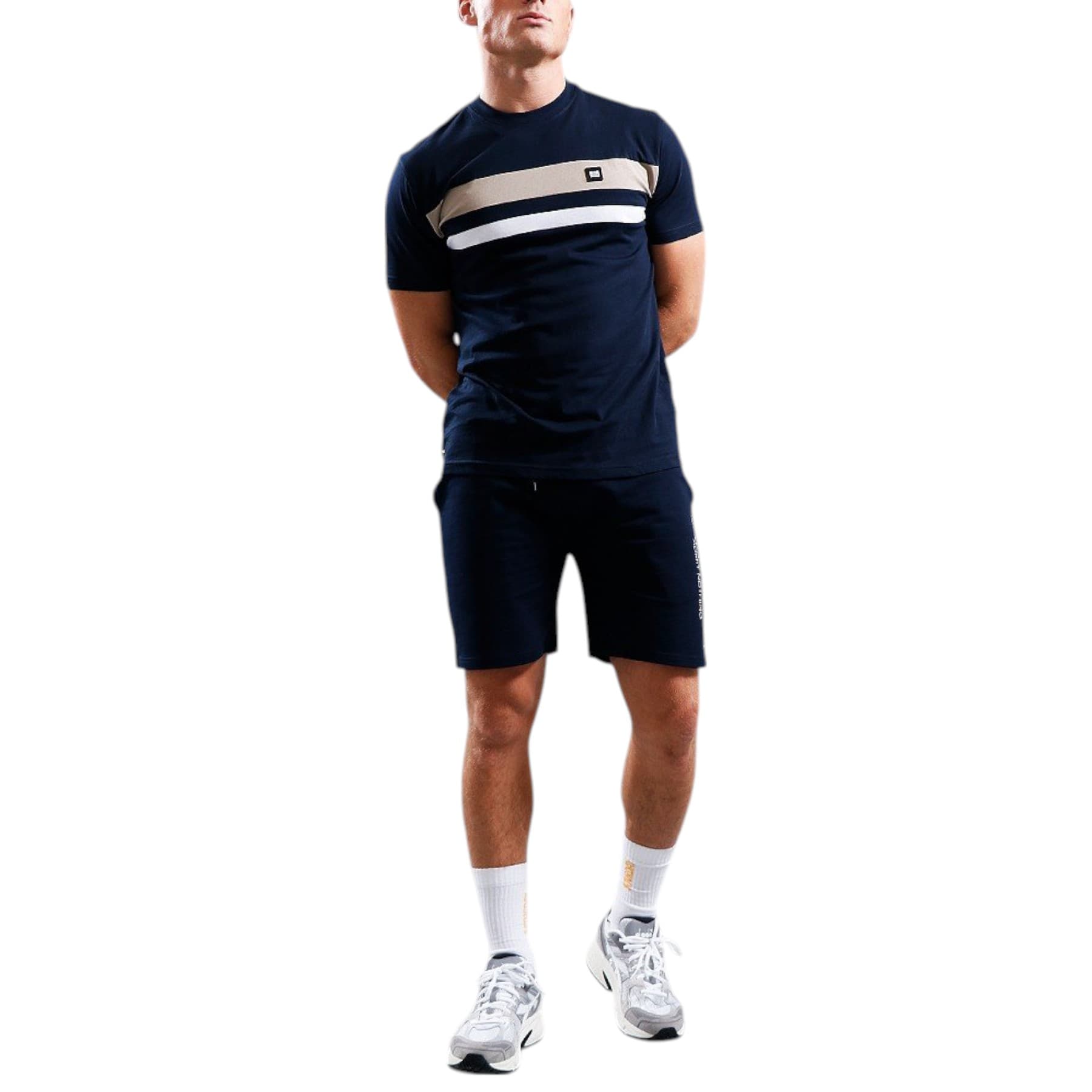 Weekend Offender mens navy cotton t-shirt with contrast chest stripes and badge branding, front view