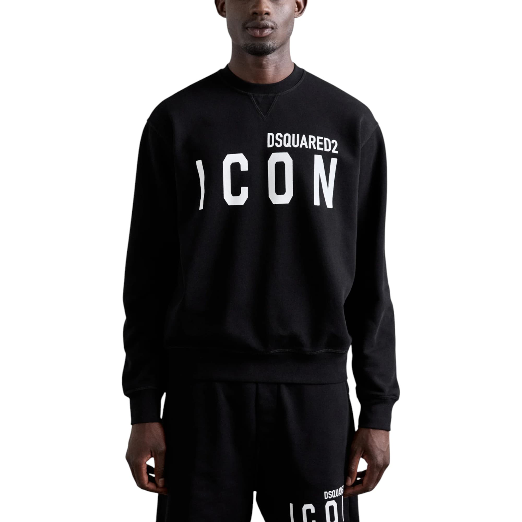 DSQUARED2 black cotton sweatshirt front view with crew neck and print detail
