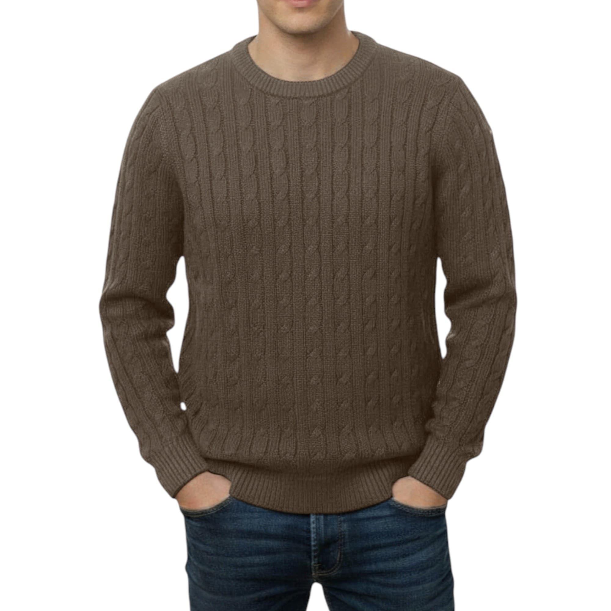 Firetrap men's brown cable-knit sweatshirt front view