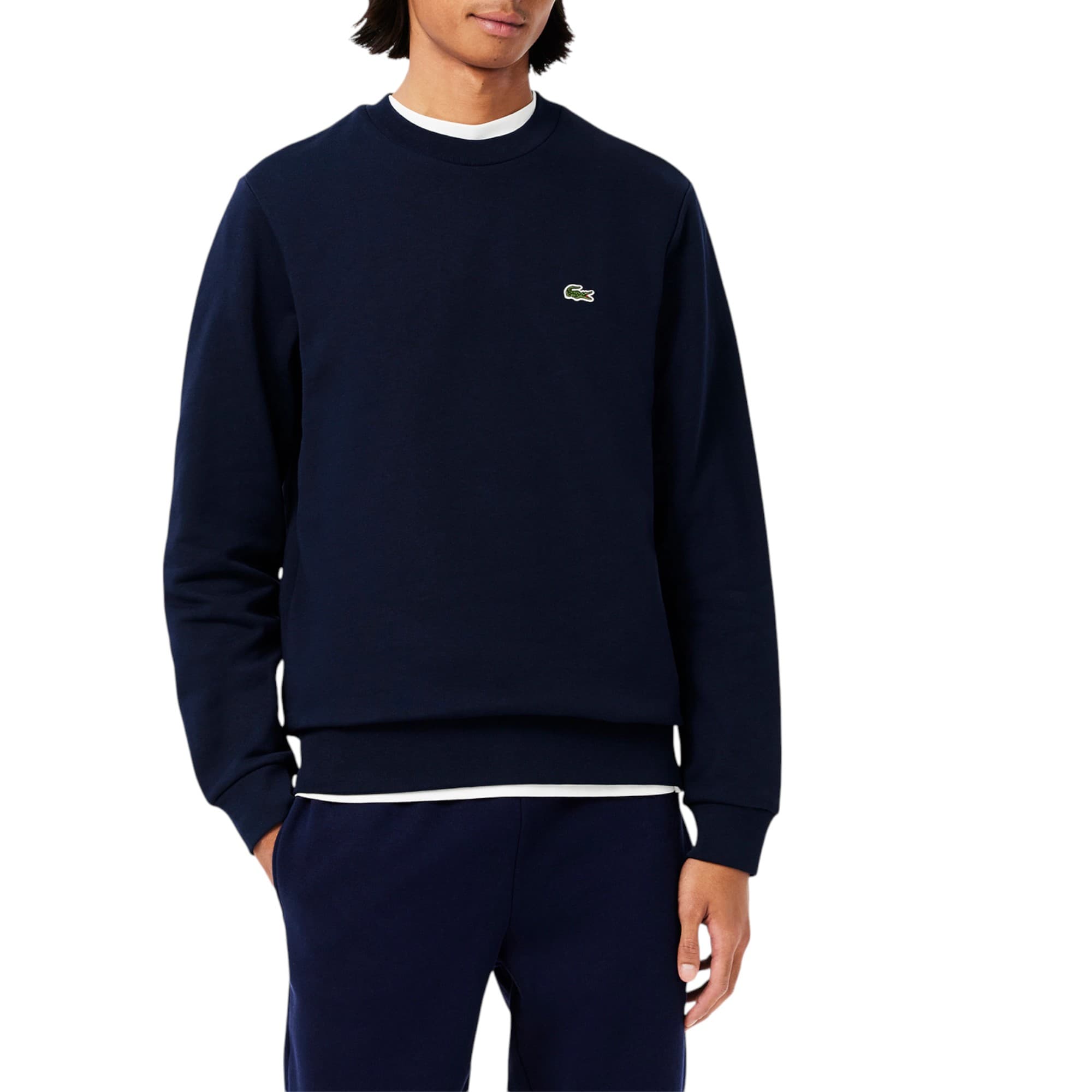 Lacoste navy sweatshirt front view with embroidered crocodile logo