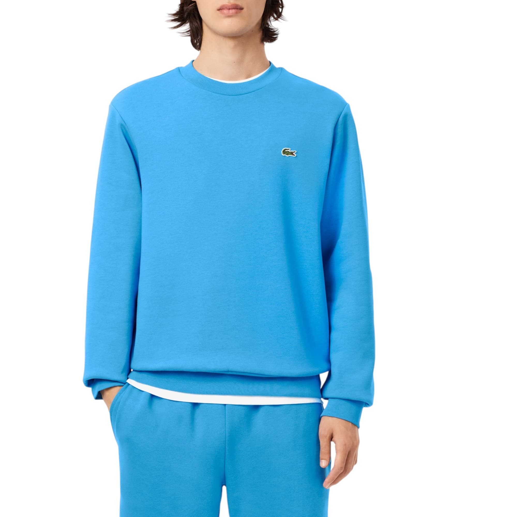 Lacoste turquoise cotton sweatshirt with embroidered crocodile logo, front view