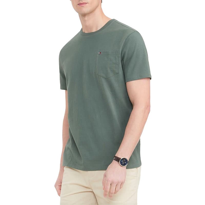 Tommy Hilfiger olive cotton t-shirt front view with embroidered flag logo