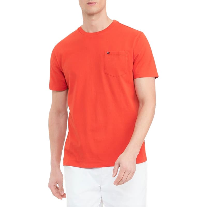 Tommy Hilfiger mens orange t-shirt with embroidered flag logo, front view