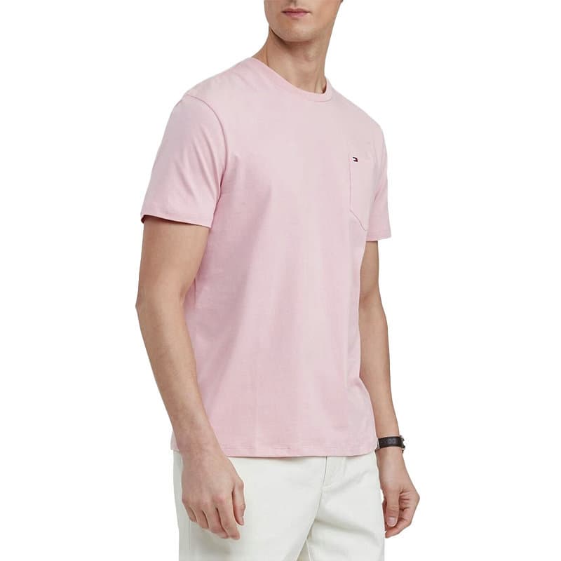 Tommy Hilfiger mens pink cotton t-shirt with embroidered chest logo, front view