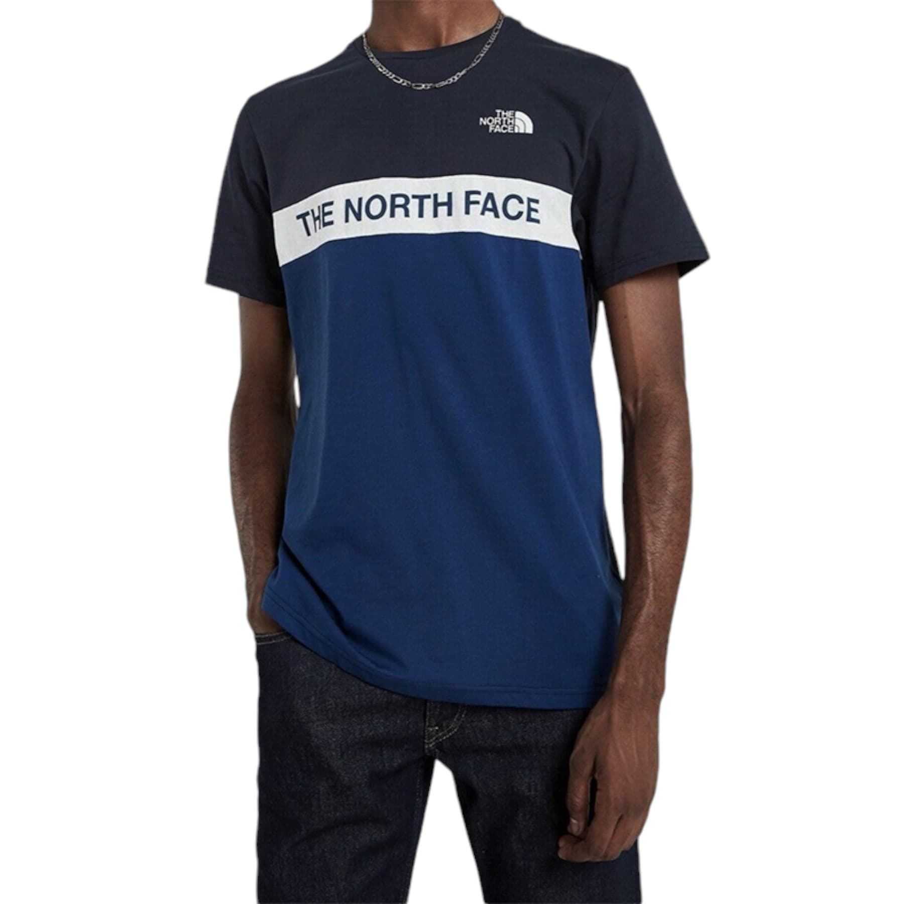 The North Face men's navy woven colour block t-shirt front view
