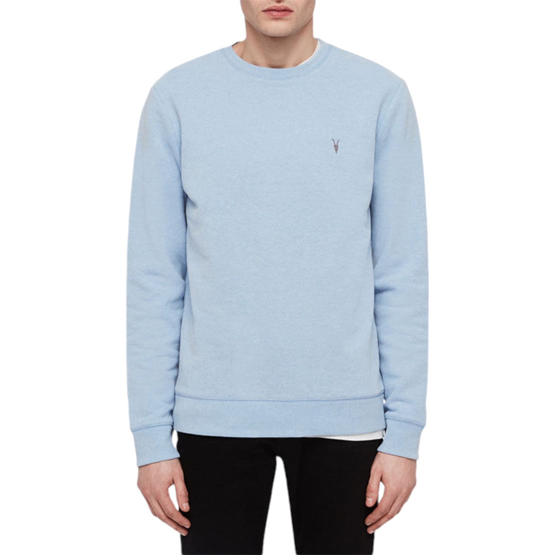 All Saints men's sky blue cotton jumper with Ramskull embroidered logo, front view