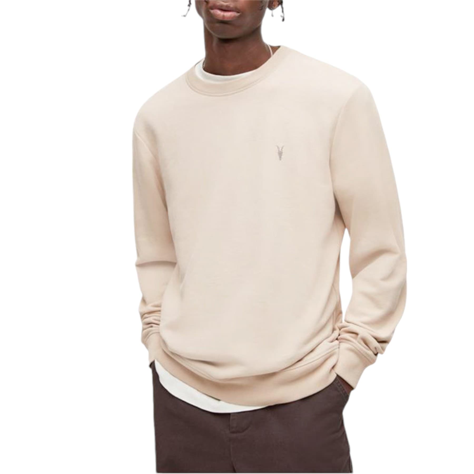All Saints men's sand cotton jumper with Ramskull embroidered logo, front view