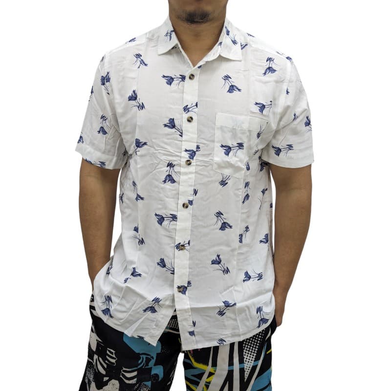 Springfield men's white Hawaiian floral printed short-sleeve shirt, front view
