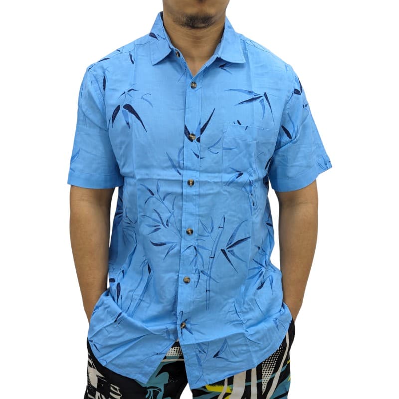 Springfield men's sky blue Hawaiian floral printed shirt, front view