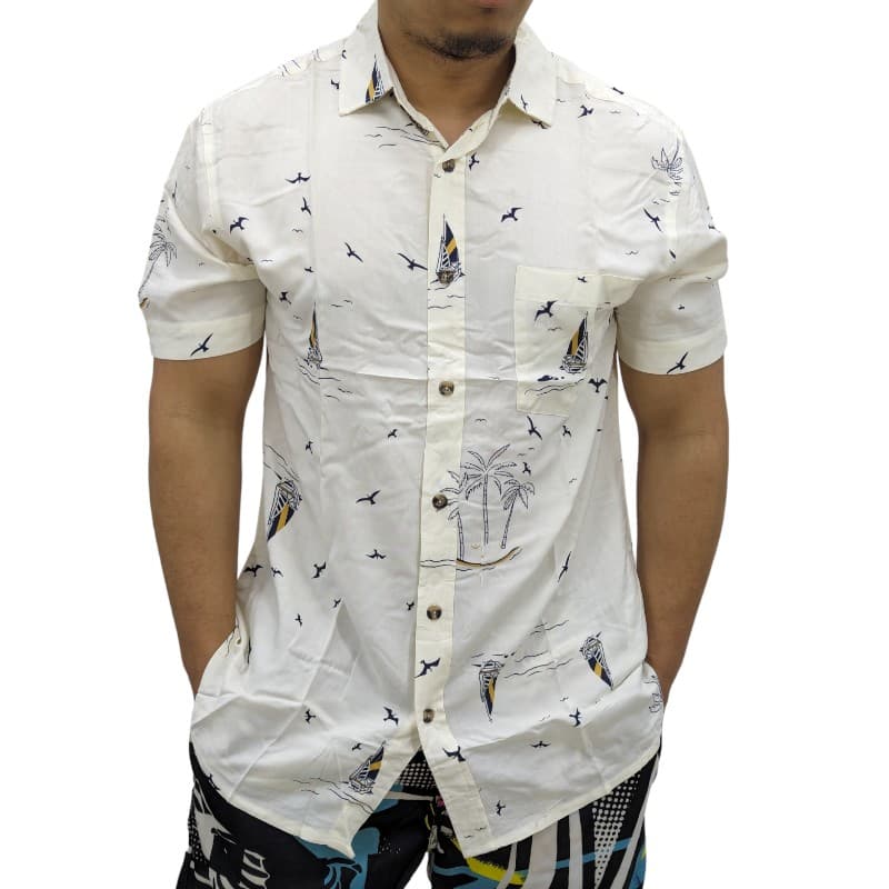 Springfield men's off-white Hawaiian floral printed short-sleeve shirt front view