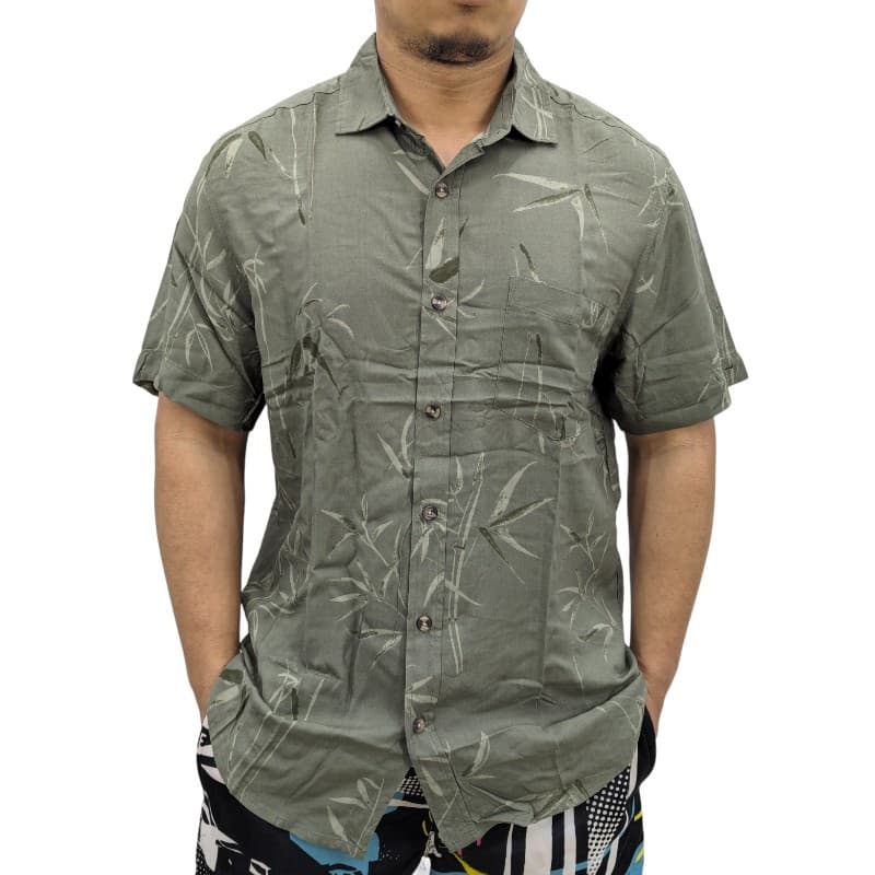 Springfield men's reed green Hawaiian floral printed shirt front view