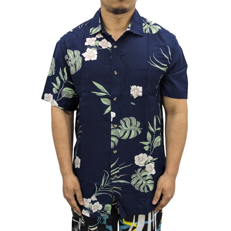 Springfield men's navy Hawaiian floral printed shirt with olive leaf design, front view