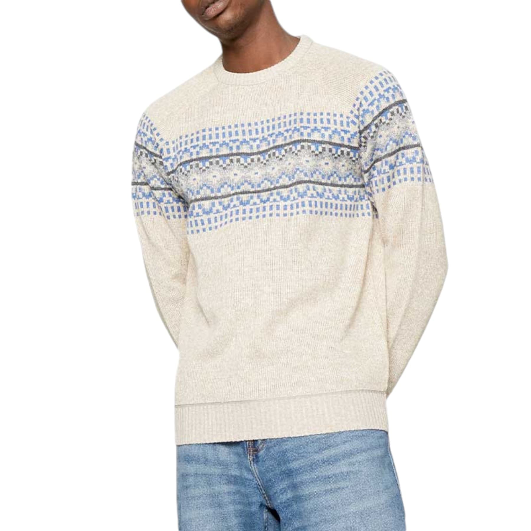 Brave Soul beige men's crew neck jumper front view