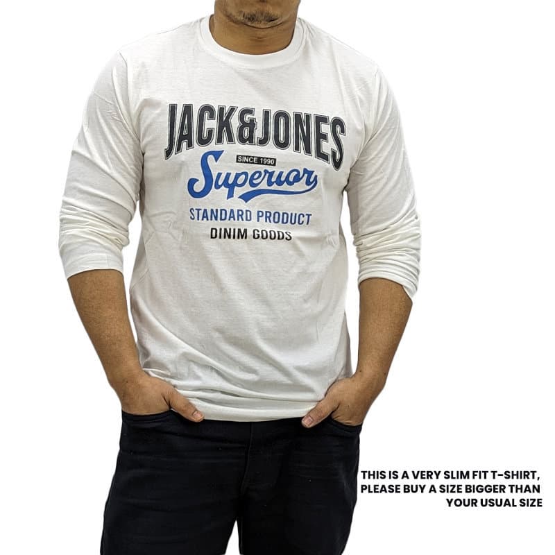 Jack & Jones off-white long sleeve t-shirt front view, crew neck