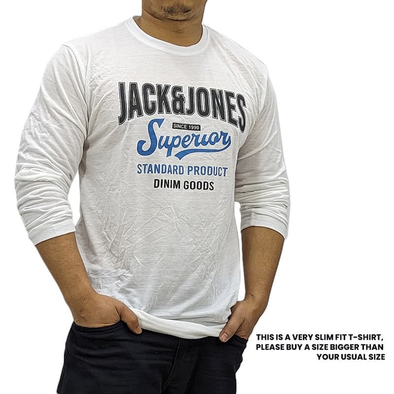 Jack & Jones white long sleeve t-shirt front view, crew neck slim fit