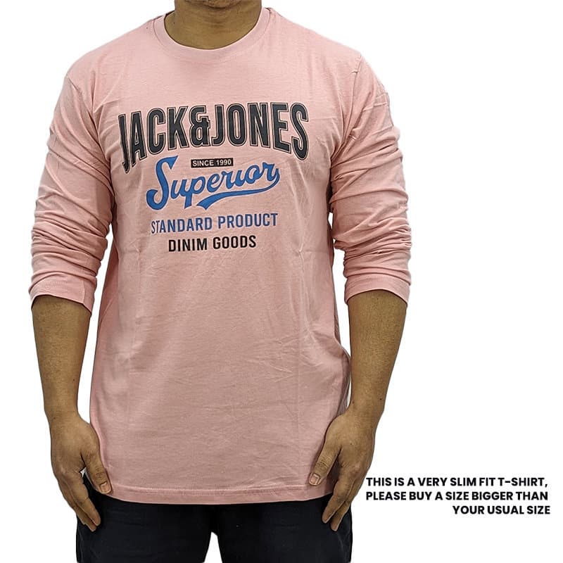 Jack & Jones men's long sleeve t-shirt in pink with crew neck, front view