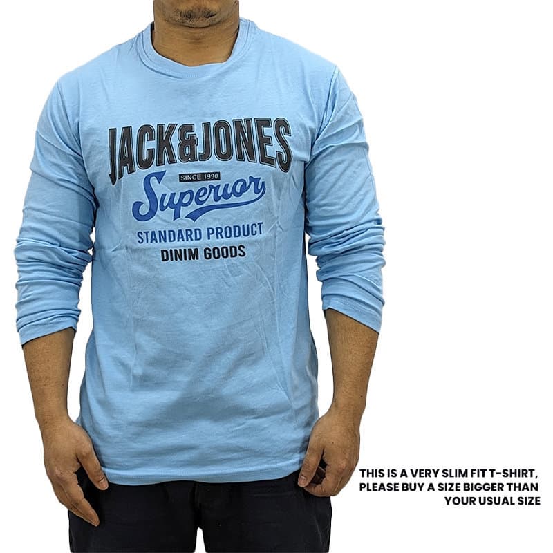 Jack & Jones men's sky blue long sleeve crew neck t-shirt, front view