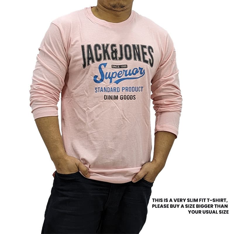 Jack & Jones men's light pink long sleeve t-shirt front view, crew neck slim fit