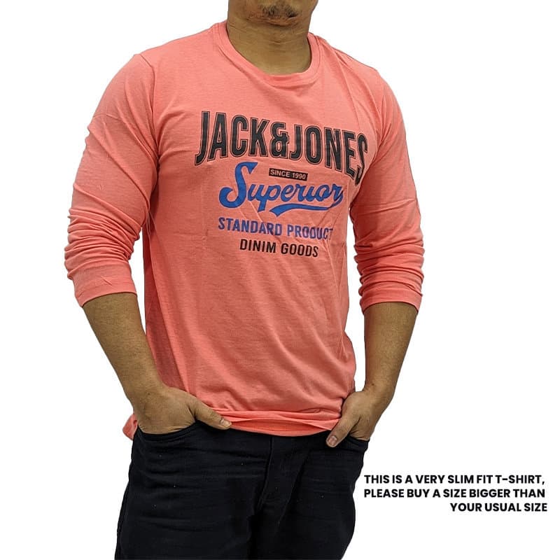 Jack & Jones coral long sleeve t-shirt front view, crew neck slim fit