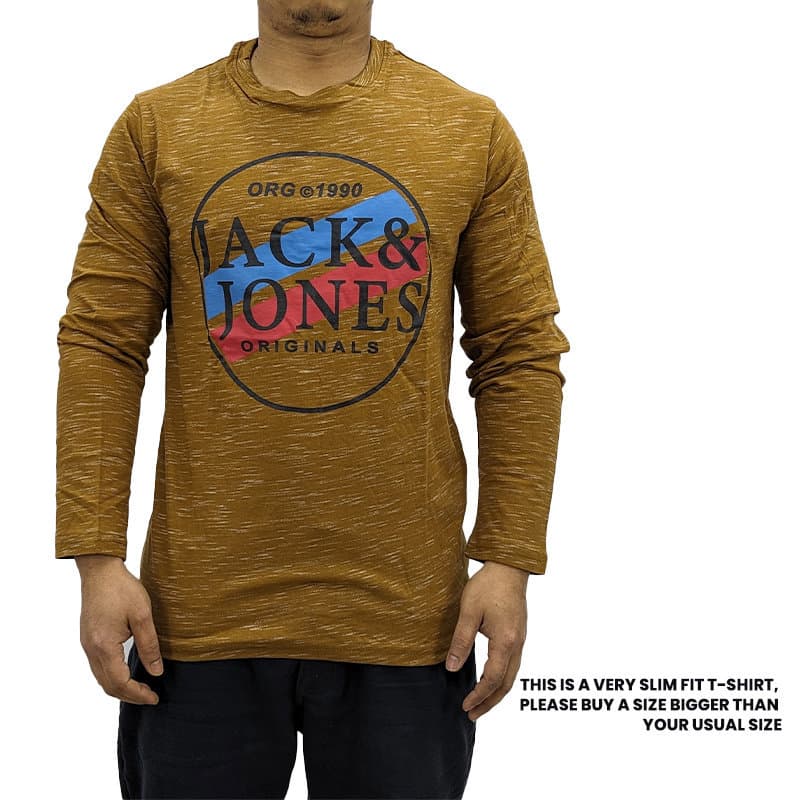Jack & Jones men's brown long sleeve t-shirt front view, slim fit crew neck