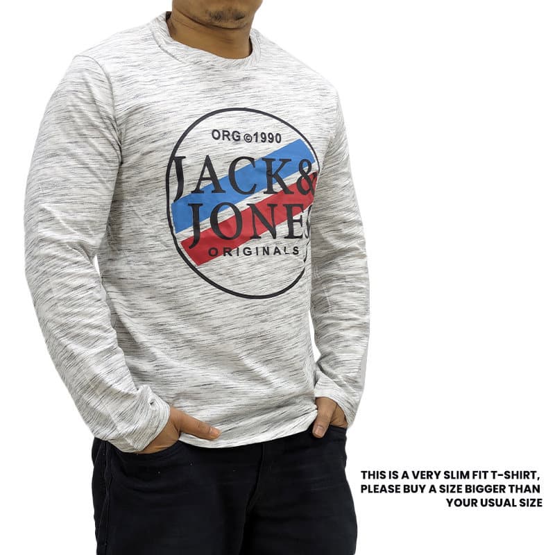 Jack & Jones light grey long sleeve t-shirt with crew neck, front view