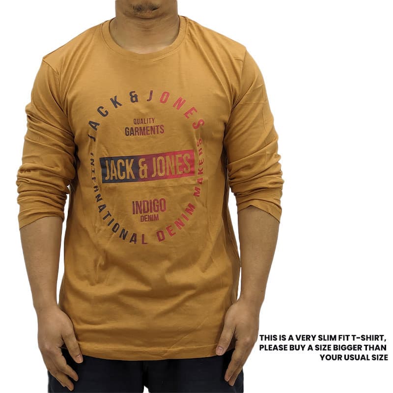 Jack & Jones mens brown long sleeve t-shirt with crew neck, front view