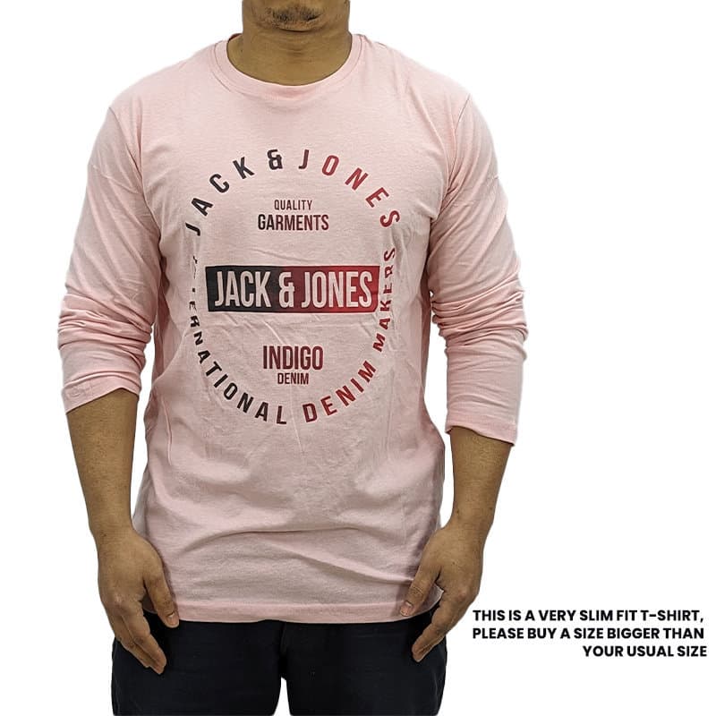 Jack & Jones light pink long sleeve t-shirt front view, crew neck slim fit