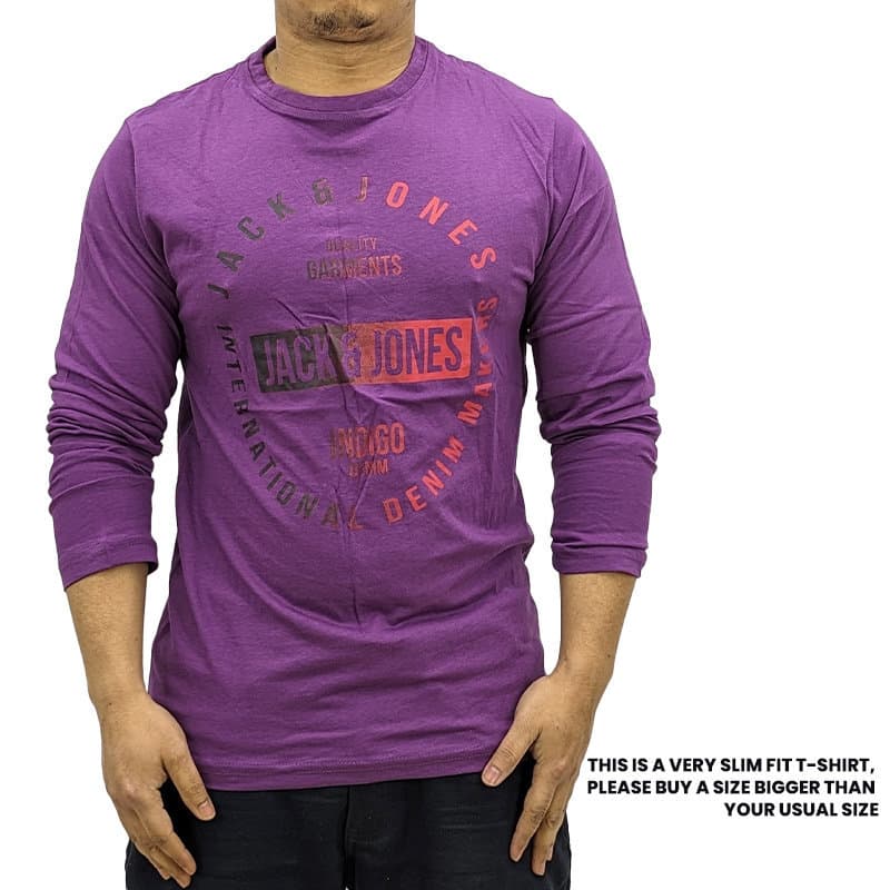Jack & Jones men's purple long sleeve t-shirt, front view, slim fit crew neck